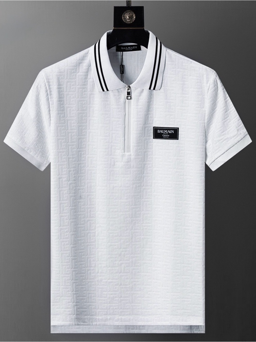 Balmain White Polo Shirt with Black-Trim Zip Collar